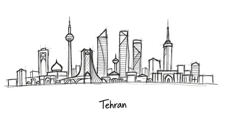 Fototapeta premium Minimalist hand-drawn skyline illustration capturing Tehran?s dynamic urban landscape and iconic architectural silhouettes in a