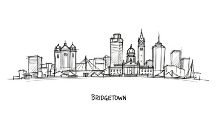 Fototapeta premium Elegant hand-drawn cityscape of bridgertown featuring iconic skyscrapers and historic architecture with minimalist black ink