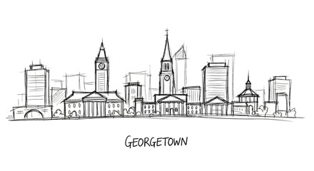 Obraz premium Lineart of a bustling urban cityscape featuring iconic towers and modern buildings with a handwritten 'georgetown' label