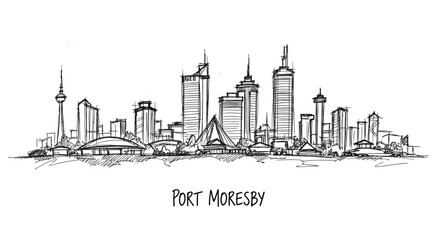 Fototapeta premium Intricate Pen Sketch of Port Moresby Skyline Showcasing Modern Urban Structures and Iconic Landmarks with Artistic Detailing