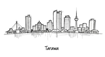 Obraz premium Minimalist Line Drawing of the Tarawa City Skyline Featuring Tall Buildings and Iconic Landmarks