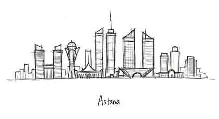Obraz premium Minimalist Line Drawing of Astana Skyline with Iconic Buildings and Urban Landscape