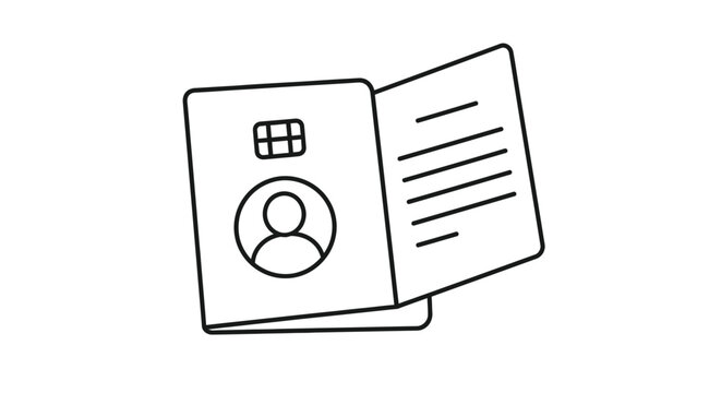 Detailed outline icon of an open passport or ID document with profile photo and text for travel and personal identification.