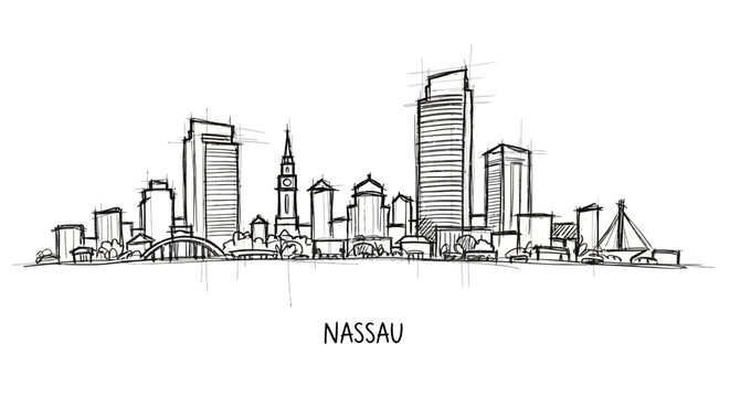 Minimalist Hand-Drawn Skyline Illustration of Nassau City Featuring Skyscrapers and Iconic Structures
