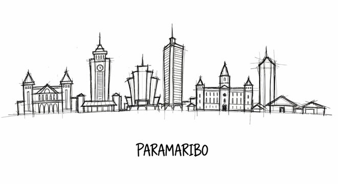 Minimalist Skyline Illustration of Paramaribo Featuring Iconic Architectural Landmarks and Modern High-Rise Buildings