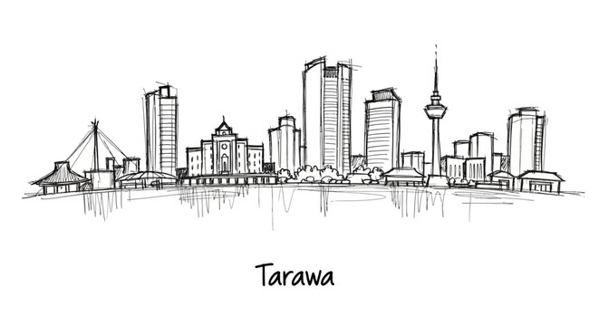 Minimalist Line Drawing of the Tarawa City Skyline Featuring Tall Buildings and Iconic Landmarks