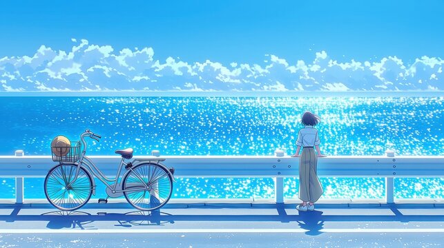 キラキラと輝く夏の海をガードレール越しに眺める女性の後ろ姿