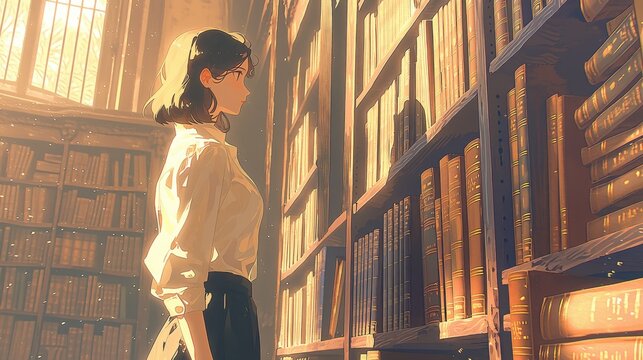 夕暮れ時の図書室で本に囲まれて佇む女性の幻想的な風景背景
