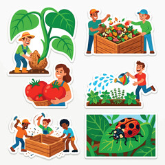 Fototapeta premium Community Garden Cooperative Urban Farm Set Of Six Funny Caricature Stickers Flat Vector Art Exaggerated Gardeners Planting Composting Harvesting Watering Building Beds Sharing Nature
