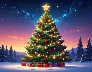Obraz premium Christmas Tree Decorated with Lights and Ornaments.