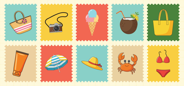 Colorful summer vacation postage stamp set featuring beach accessories camera ice cream crab and sun protection