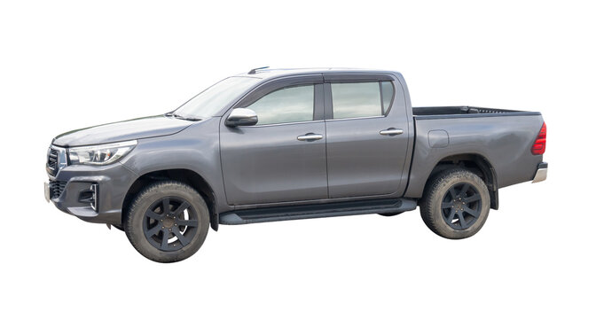 Left side view of clean gray pickup truck isolated on white background with clipping path