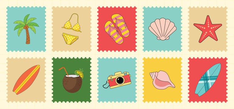 Bright summer vacation stamp collection with tropical palm tree bikini surfboard camera shells and cocktail drinks