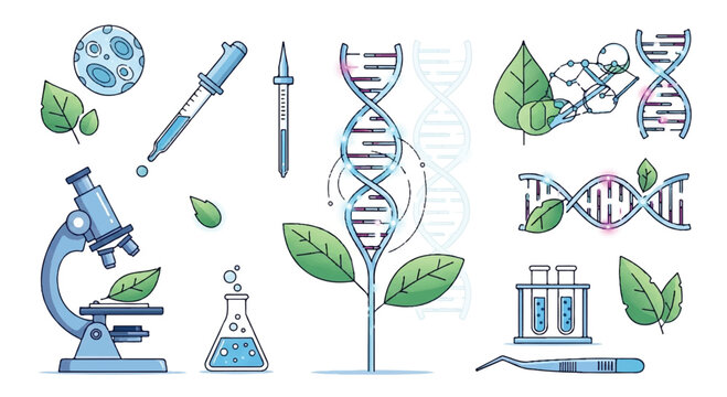 Genetics and biology research with DNA strands microscope plant elements test tube science background lab equipment science illustration genetics