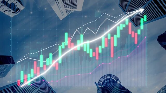 A visually striking overhead view of a financial growth trend showcased against skyscrapers, perfect for illustrating investment success and market analysis in urban settings. Copula