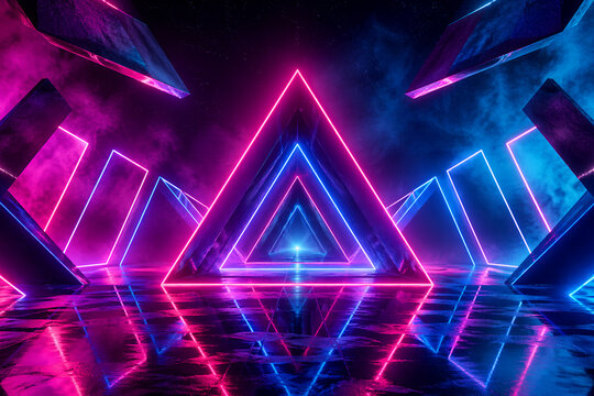 
Futuristic Neon Triangle Tunnel with Pink and Blue glow