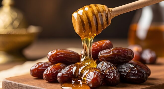 Buah kurma disiram madu dari sendok kayu dengan latar belakang gelap