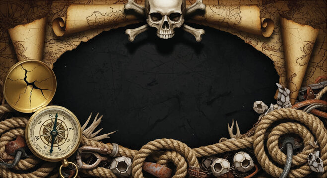 Pirate treasure map frame with skull and compass treasure adventure nautical exploration parchment vintage style background illustration