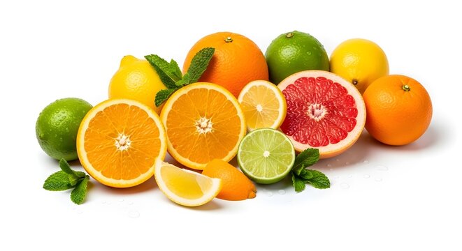 Kumpulan irisan buah sitrus seperti jeruk nipis lemon dan grapefruit segar di latar putih