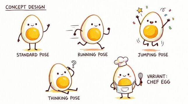 Whimsical Egg Character Poses Standard Running Jumping Thinking and Chef.