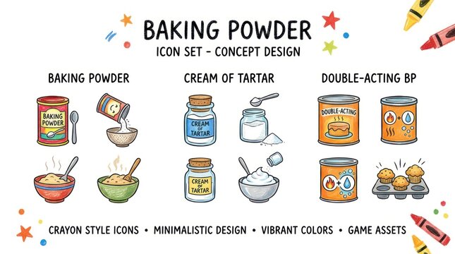 Colorful Baking Powder Icon Set Concept Design with Crayon Style Illustrations.