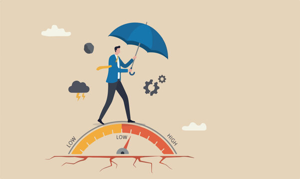 Risk mitigation threat and control or prevent potential impact, reduce chance of failure, uncertainty, evaluate safety level, businessman with protection umbrella on risk gauge measuring image.