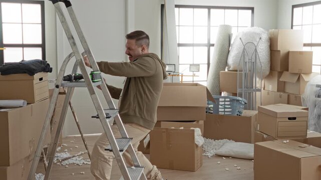 Man carrying boxes and stepping past a ladder, raising arm while navigating a packed room of cardboard during a move in building; new home anticipation.