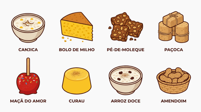 Brazilian Treats Illustration: A vibrant illustration showcasing a colorful array of classic Brazilian treats, each tempting and delicious, ready to satisfy any sweet tooth.