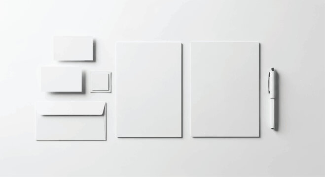 Clean stationery branding mockup with pen on white background business cards office supplies graphic design flat lay stationery branding