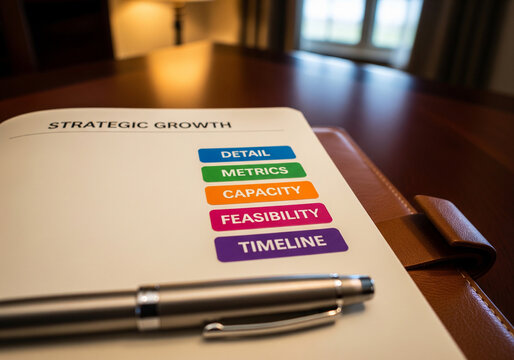 Strategic growth business plan document, corporate strategy notebook with colorful labels, professional project management timeline and feasibility report
