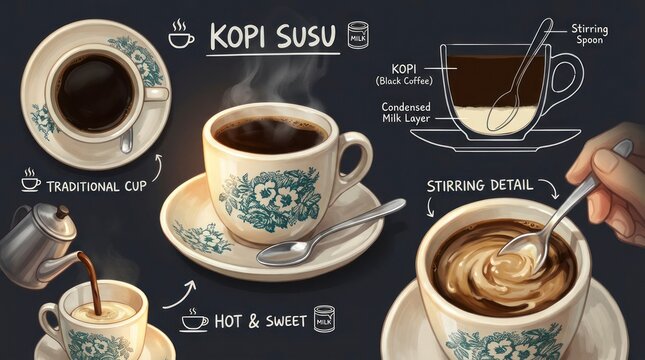 Traditional Kopi Susu Coffee Illustration with Detailed Diagrams and Ingredients.