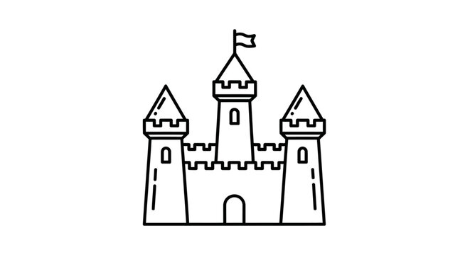 Simple black line art castle icon with turrets and flag, ideal for fairytale, medieval, and fantasy design elements, vector graphic.