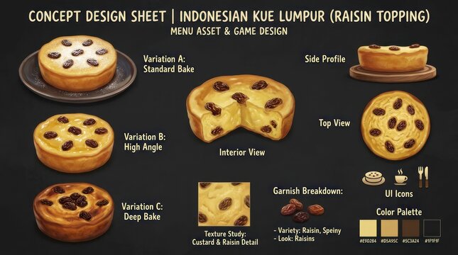 Indonesian Kue Lumpur Cake Design Sheet with Raisin Topping and Game Design Elements.