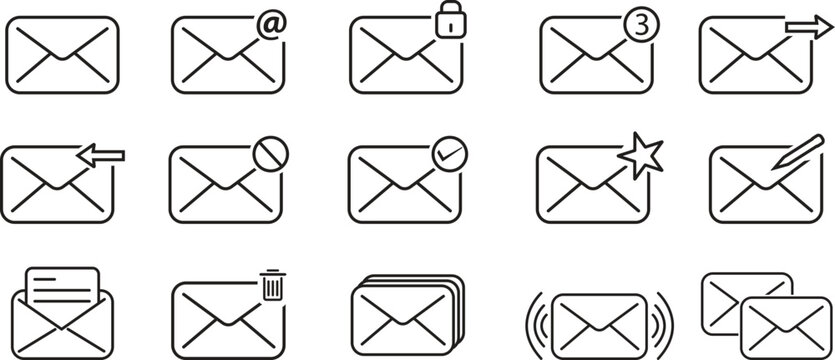 Email and messaging icon set with inbox, send, receive, notification and security symbols, editable outline vector collection for communication design, mail apps, UI interfaces and digital 