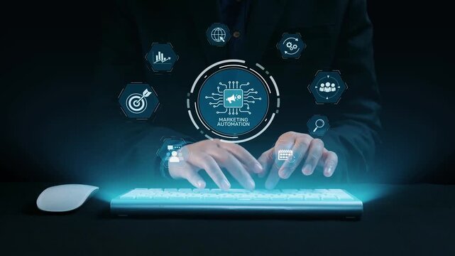 Marketing automation diagram showcase AI-driven campaign workflow, highlight marketing automation, data-driven strategy, marketing automation tools, and market automation process in business. Elide