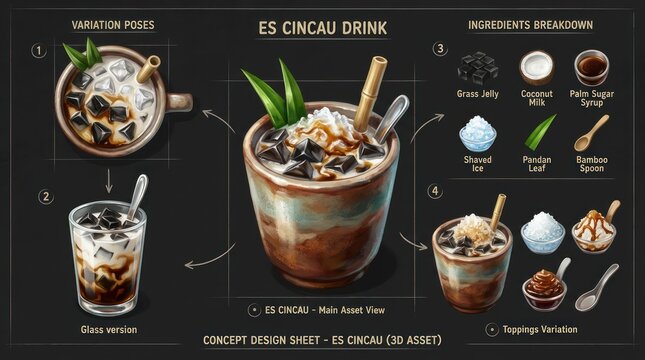 Es Cincau Drink A Detailed Illustration of Indonesian Refreshment and Ingredients.