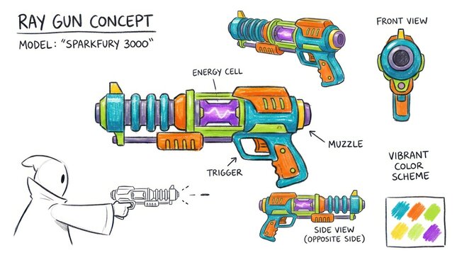 Detailed Ray Gun Concept Illustration with Vibrant Color Scheme and Design.