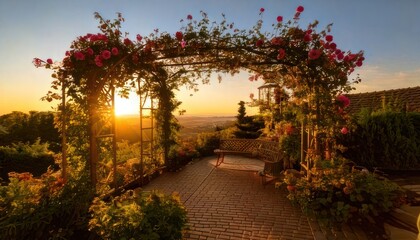 Obraz premium Romantic Rose Archway at Sunset - A Garden Paradise.