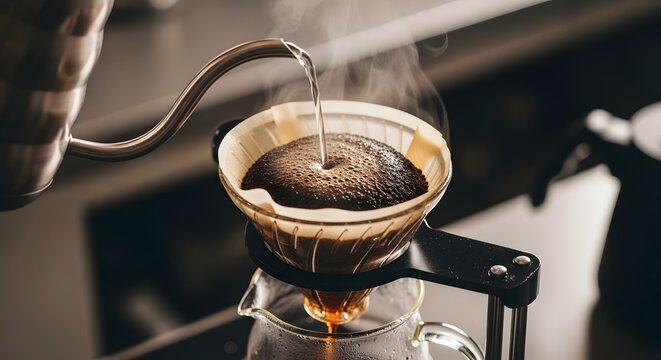 Menuangkan air panas dari teko ke dalam saringan kopi v60 dengan uap mengepul