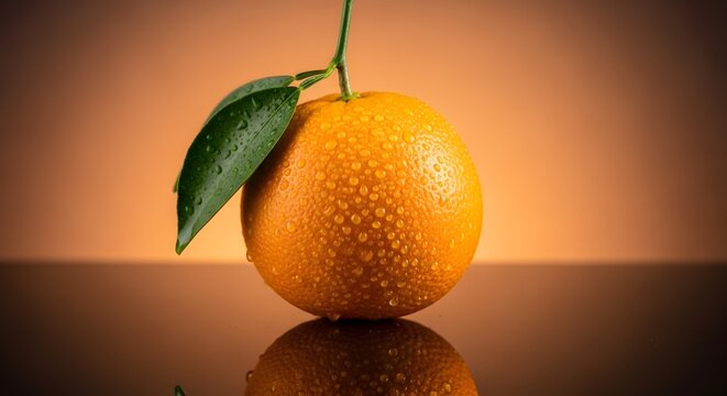 Buah jeruk segar dengan daun hijau dan tetesan air di atas permukaan gelap yang memantul