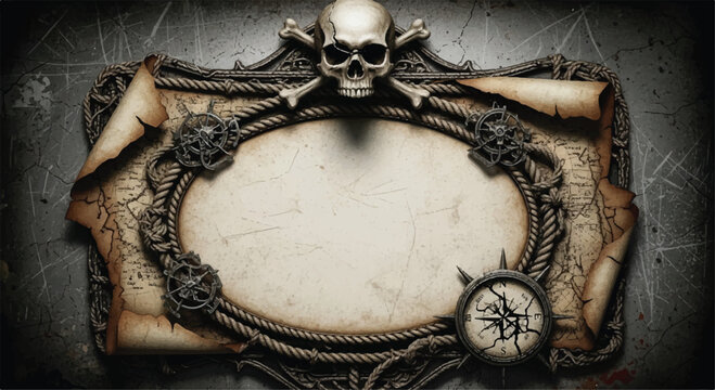 Gothic ornate frame with skull bones antique scroll texture wrought iron decoration background illustration template copy space graveyard