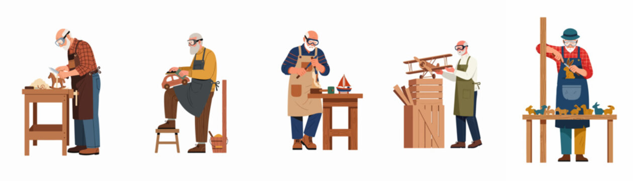 Set of elderly men carpenters handcrafting various wooden toys like horses, cars, boats, and planes in their workshop, flat illustration