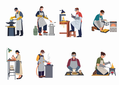 Collection of professional jewelers and goldsmiths smelting, forging, and crafting gold jewelry in various workshop scenes, flat vector illustration on white background.