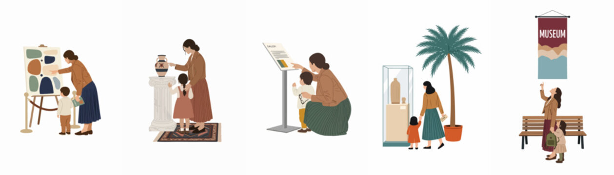 Set of illustrations depicting a mother and child visiting an art museum, exploring exhibits, paintings, and artifacts together in a minimalist flat style.