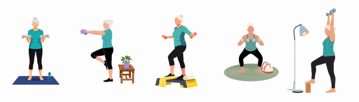 Vector set of an elderly woman performing various fitness exercises with dumbbells at home, promoting active aging and a healthy lifestyle.