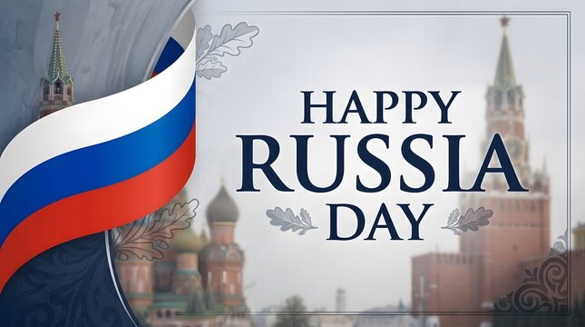 A collection of festive, high-quality graphic designs celebrating Russia Day (June 12), featuring the Russian tricolor flag, national emblem, golden laurel wreaths, and iconic architectural landmarks 