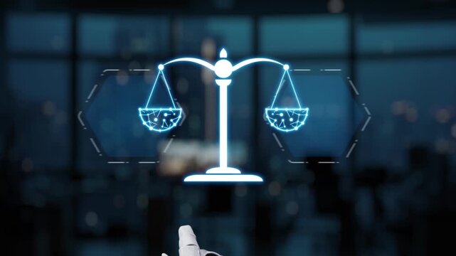 This image illustrates the intersection of artificial intelligence and law, featuring a robotic hand pointing at digital scales of justice, symbolizing ethics and innovation. Synapse