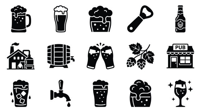 A collection of black and white icons representing various aspects of beer and brewing, including glasses, bottles, a pub, and brewing equipment.