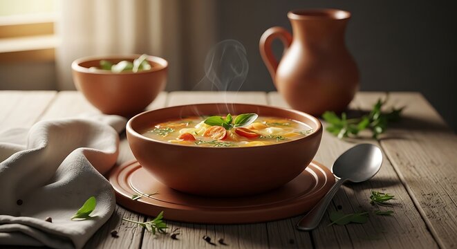 A steaming bowl of fresh ajiaco soup with vegetables and herbs served in a rustic earthenware bowl on a weathered wooden table for a cozy lunch setting.