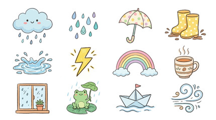 Naklejka premium A charming collection of cute, hand-drawn illustrations depicting various weather phenomena and related elements.